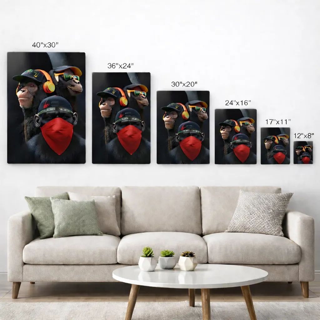 Gallery wall featuring multiple metal print sizes arranged in a lineup