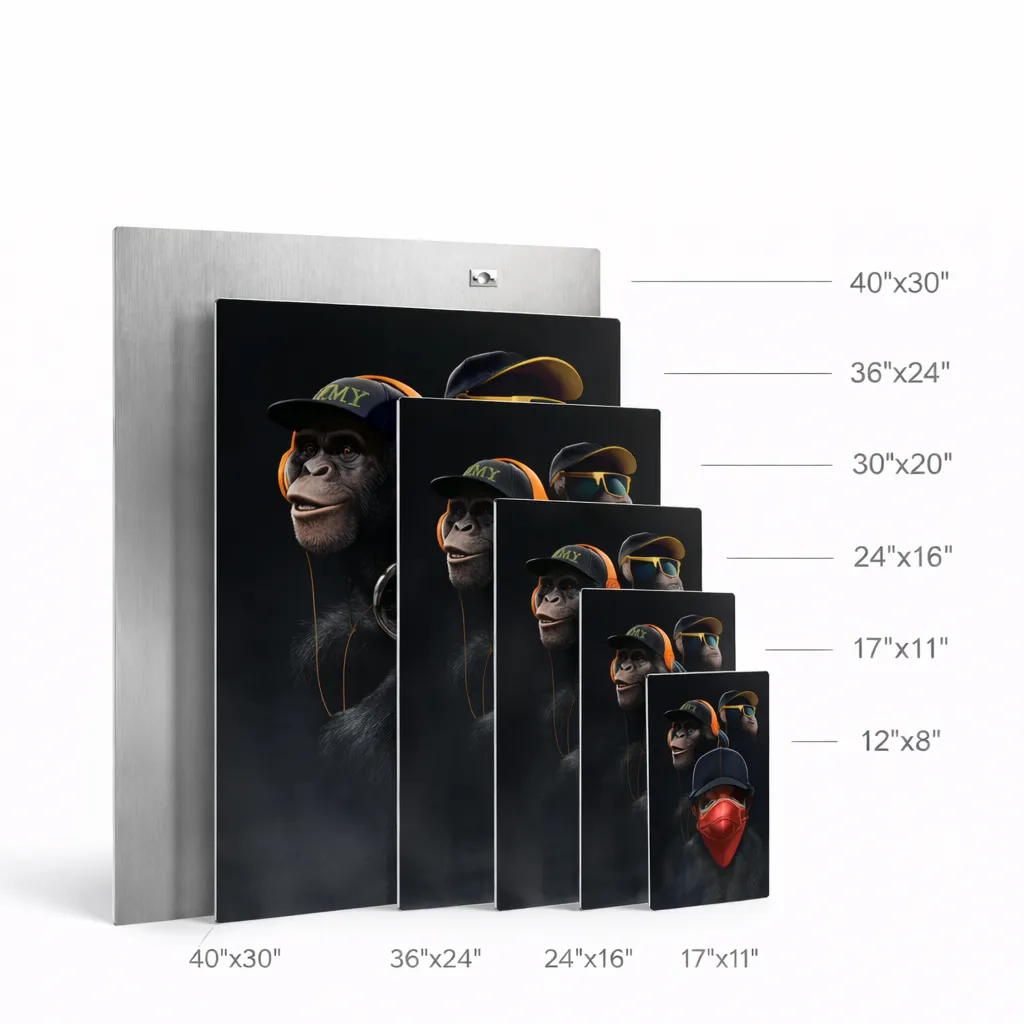 Metal print size comparison stacked showing all available sizes