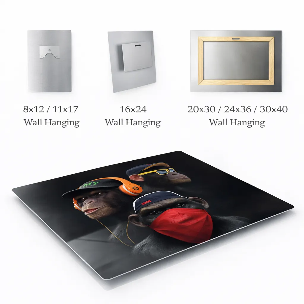 Wall mounting hardware options for metal prints including float mount and magnetic systems