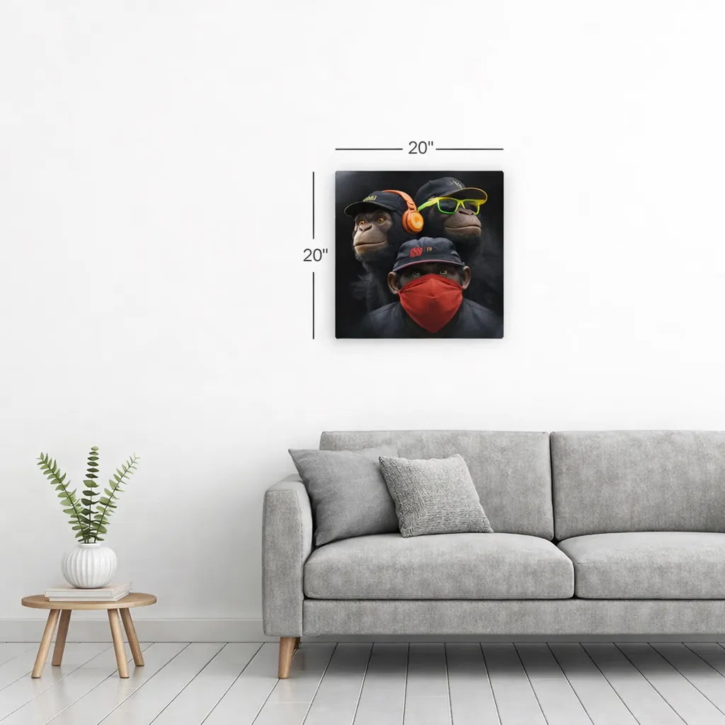 20x20 metal print displayed in modern living room setting above gray couch