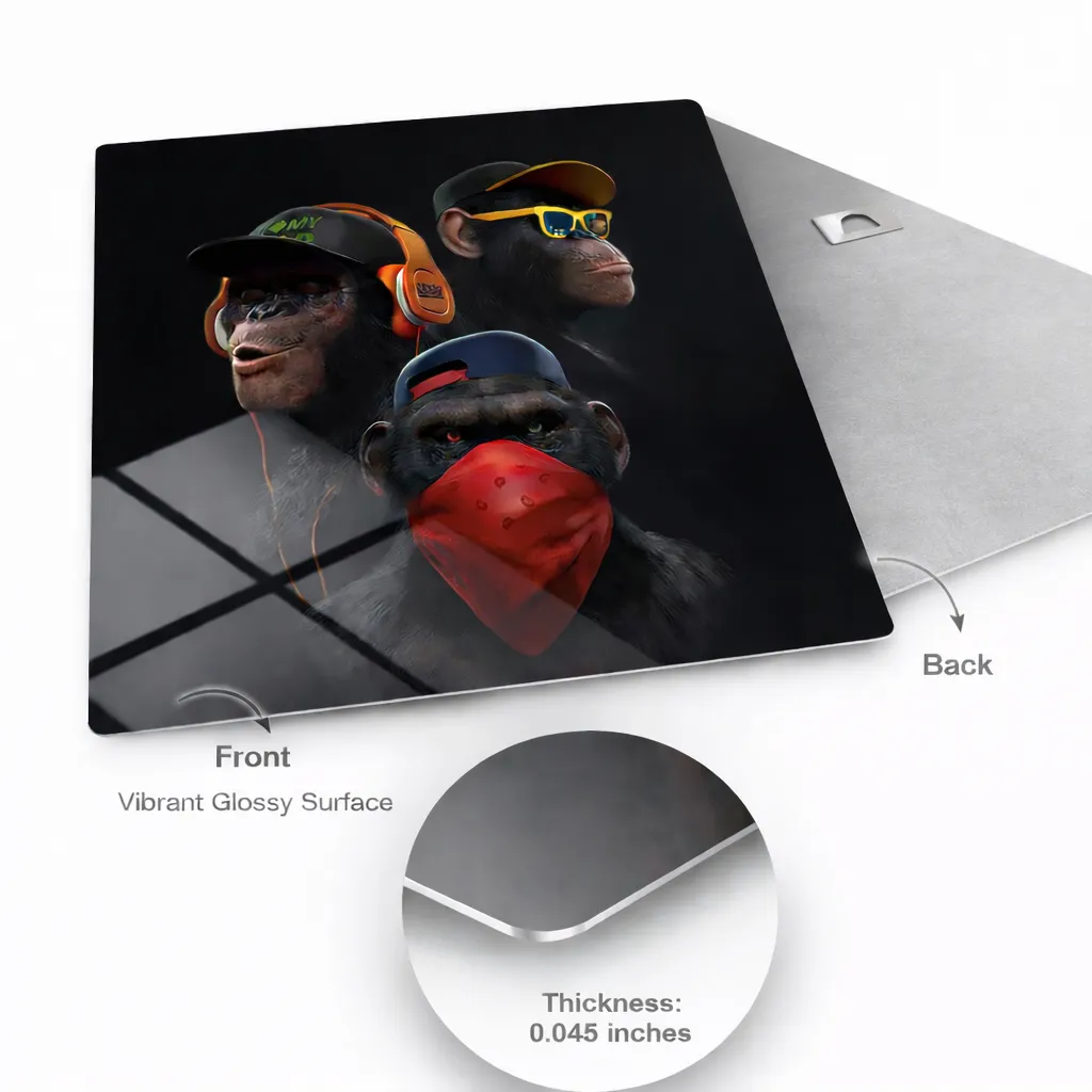 HD Metal Print construction showing 0.045 inch aluminum thickness and glossy finish